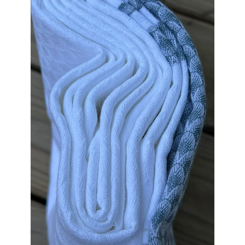 Hotel Balfour 100% Turkish Cotton White Shower Curtain Spa Blue Border W/ Fringe